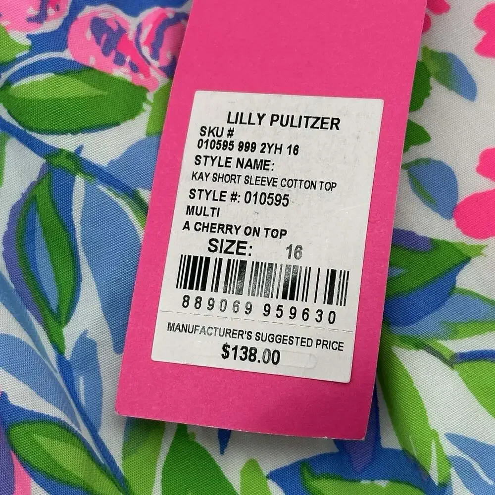 Lilly Pulitzer Kay Size 16 A Cherry on Top Short Puff Sleeve Peplum Cotton Top